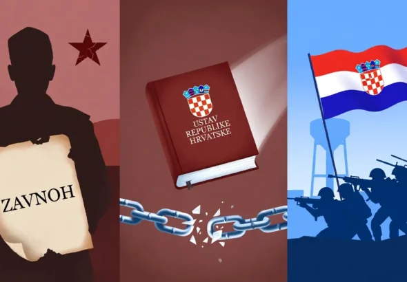 Simbolična ilustracija povijesnog prijelaza Hrvatske: ZAVNOH i komunistička era (lijevo), Ustav Republike Hrvatske s prekinutim lancima (centar), Domovinski rat, hrvatski branitelji, vukovarski vodotoranj i zastava (desno)