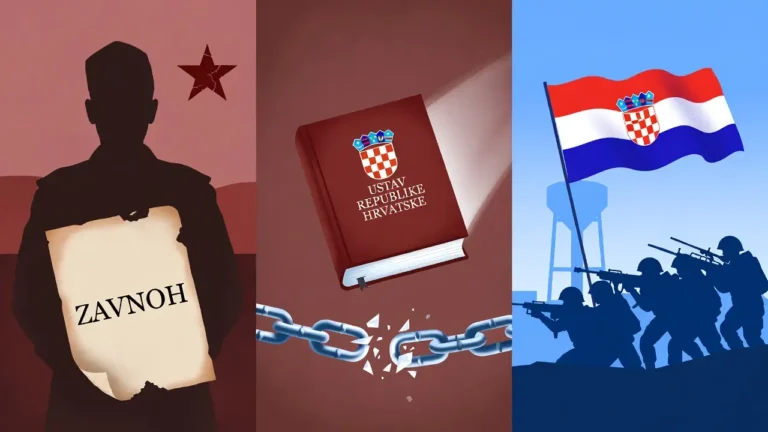 Simbolična ilustracija povijesnog prijelaza Hrvatske: ZAVNOH i komunistička era (lijevo), Ustav Republike Hrvatske s prekinutim lancima (centar), Domovinski rat, hrvatski branitelji, vukovarski vodotoranj i zastava (desno)