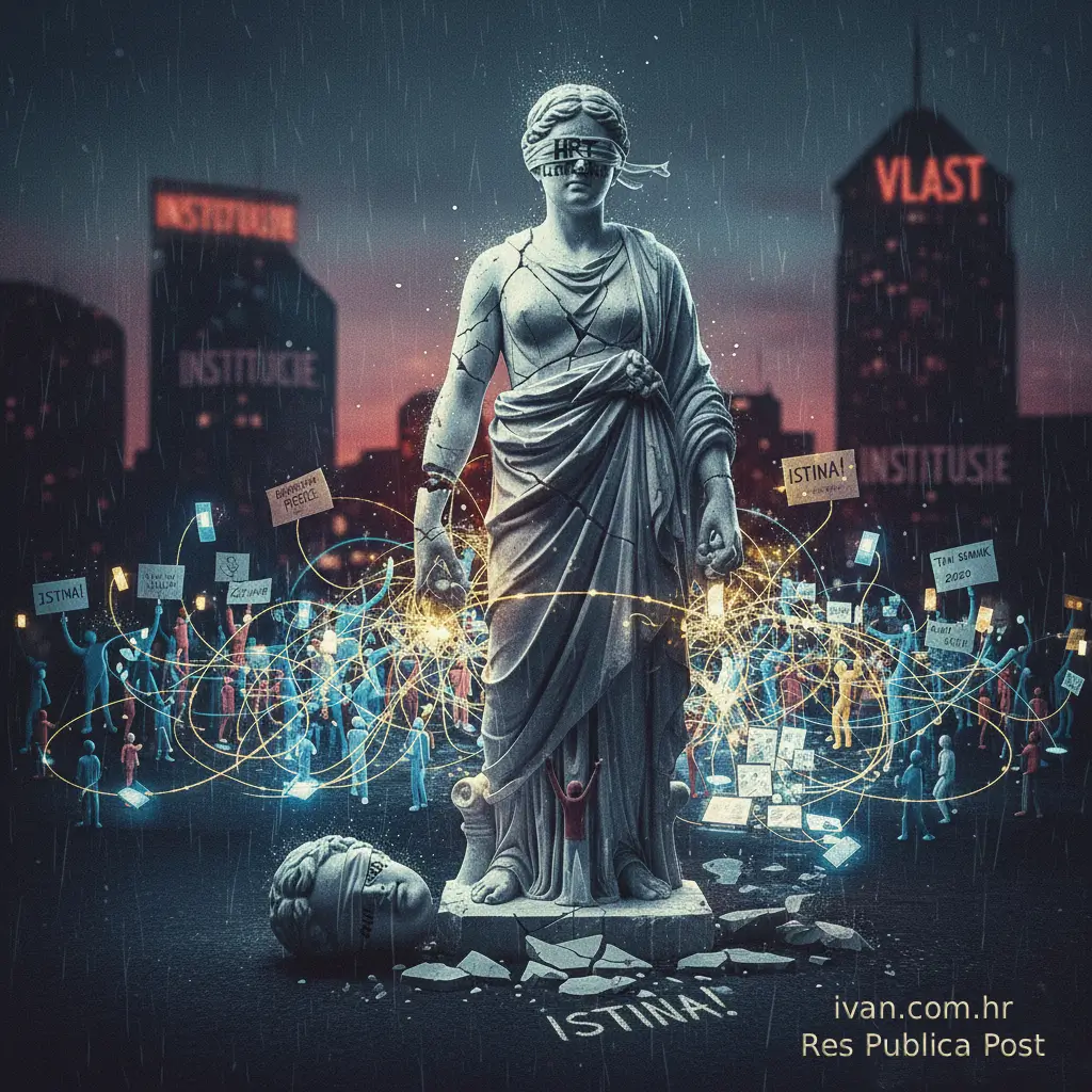 Urušavanje medijskog povjerenja i moć građana. Kip Justice (Pravde) s povezom 'HRT/Institucije' puca na kiši, okružen protestantima i svijetlećim linijama koje predstavljaju društvene mreže i 'paramedije'. Prizori iz pozadine (plakati 'Plenkovićev PR', 'Tajni sastanak 2020.', 'Istina!') simboliziraju pad 'velikih' medija i preuzimanje uloge javnog mnijenja od strane građana u krizi povjerenja.