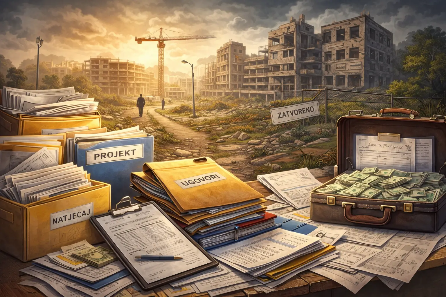 Ilustracija prikazuje stol prekriven fasciklima i dokumentima javnih projekata te kofer s novcem, dok se u pozadini vidi napušteno gradilište i ruševne zgrade, simbol “administrativno zatvorenog” projekta bez stvarnog učinka.