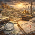 Ilustracija simbolizira provjeru porijekla imovine: dokumenti i financijski tragovi nasuprot luksuznoj imovini, kao pitanje objašnjivog i neobjašnjivog bogatstva.