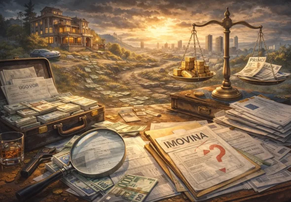 Ilustracija simbolizira provjeru porijekla imovine: dokumenti i financijski tragovi nasuprot luksuznoj imovini, kao pitanje objašnjivog i neobjašnjivog bogatstva.