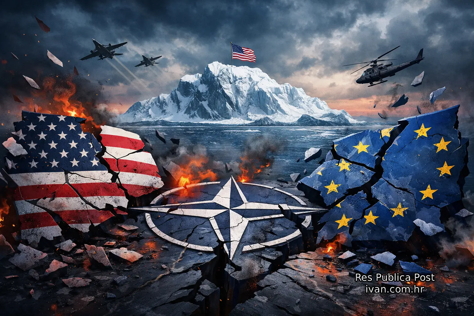 Kriza NATO saveza između Europe i Amerike simbolično prikazana ilustracijom