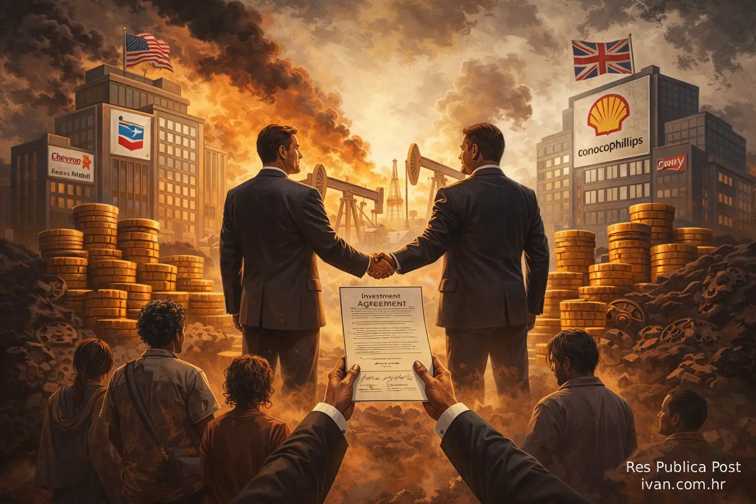 Ilustracija korporativne moći i ekonomskog oslobođenja u kontekstu geopolitike i globalnih interesa