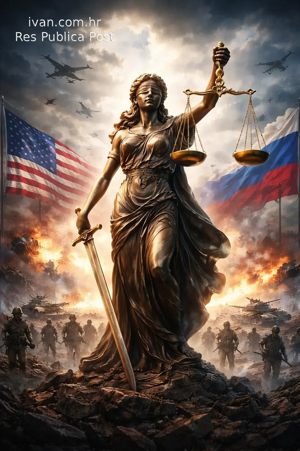 Ilustracija međunarodnog prava suočenog s ratom, geopolitikom i moći svjetskih sila