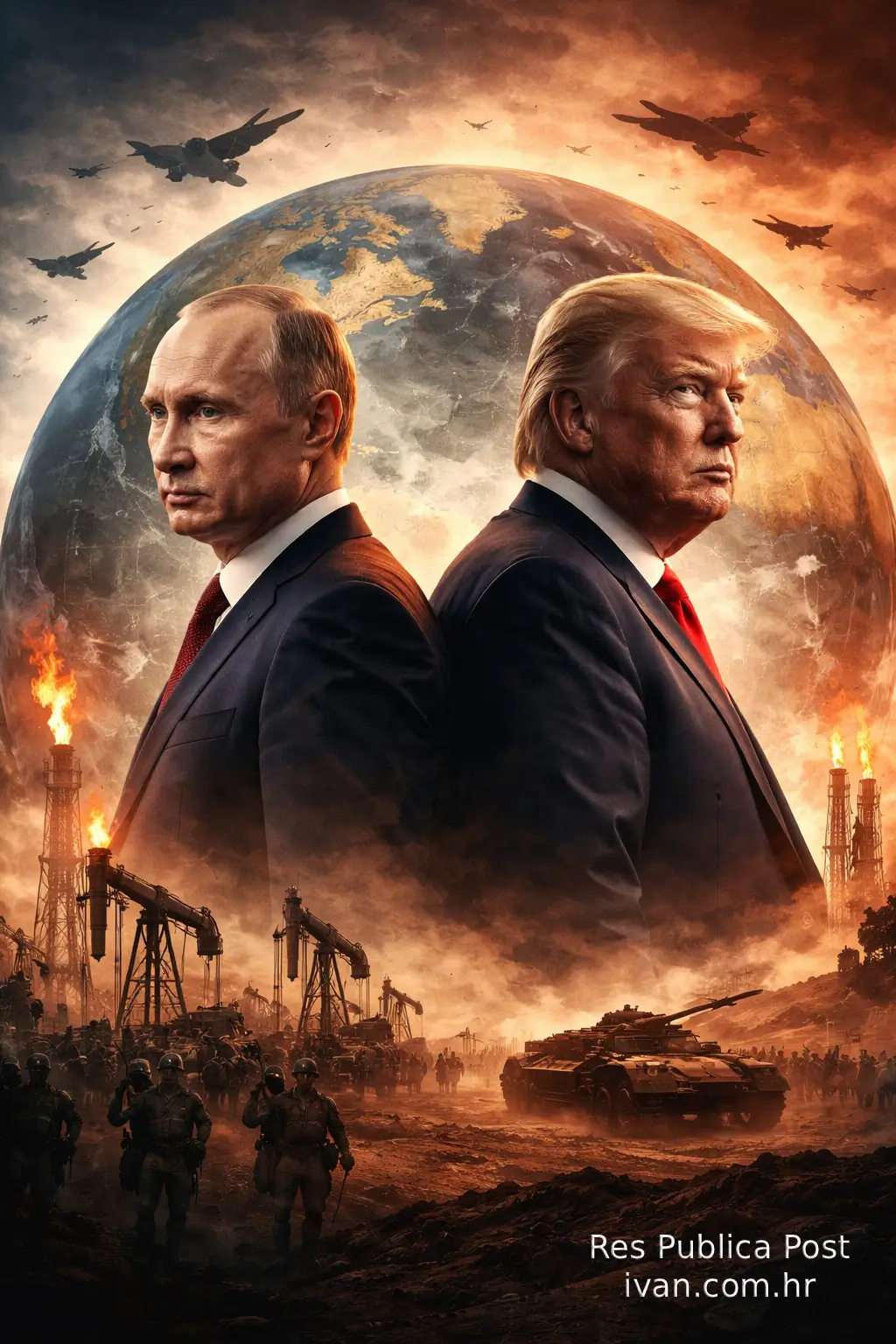 Putin i Trump demokracija prikazana kroz političku ilustraciju globalnog sukoba, vojne sile i borbe za strateške resurse