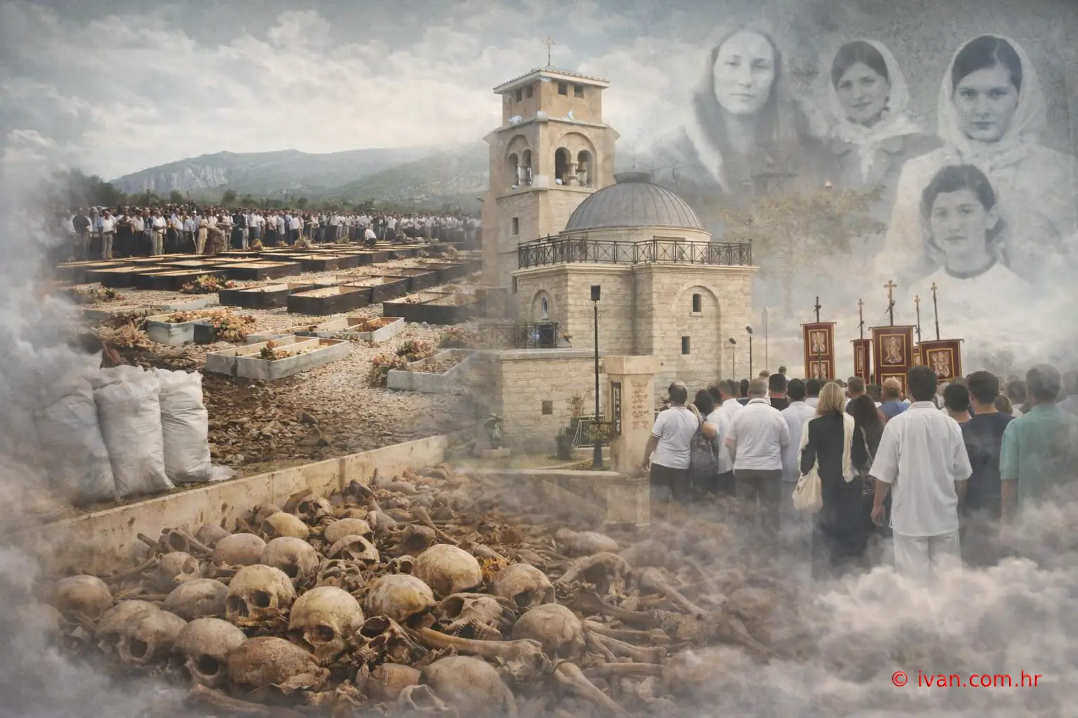 Ilustracija sjećanja na zločin u Prebilovcima 1941. – memorijalni kompleks, posmrtni ostaci žrtava i komemoracija stradalim civilima