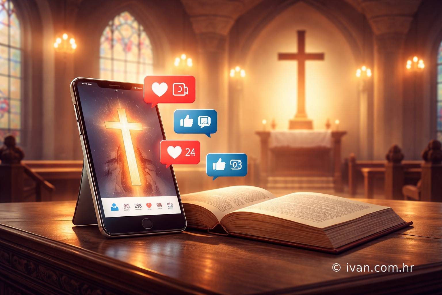 Banalizacija teologije na društvenim mrežama – pametni telefon i otvorena Biblija na oltaru u crkvi