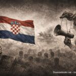 Ilustracija manipulacija Domovinskim ratom: hrvatska zastava, simboli vjere i javnog govora pod kontrolom skrivenih ruku, uz pozadinu rata i mase ljudi