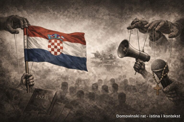 Ilustracija manipulacija Domovinskim ratom: hrvatska zastava, simboli vjere i javnog govora pod kontrolom skrivenih ruku, uz pozadinu rata i mase ljudi