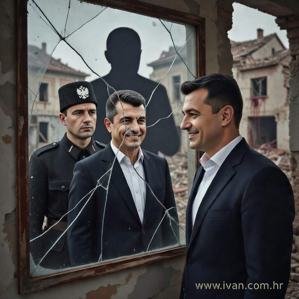 Šešelj Leskovac Vujanović, moderna figura u odijelu gleda u razbijeno ogledalo u ruševinama Vukovara, gdje se refleksija pretvara u ratnu figuru u crnoj četničkoj uniformi s kokardom, simbolizirajući kontinuitet političke biografije