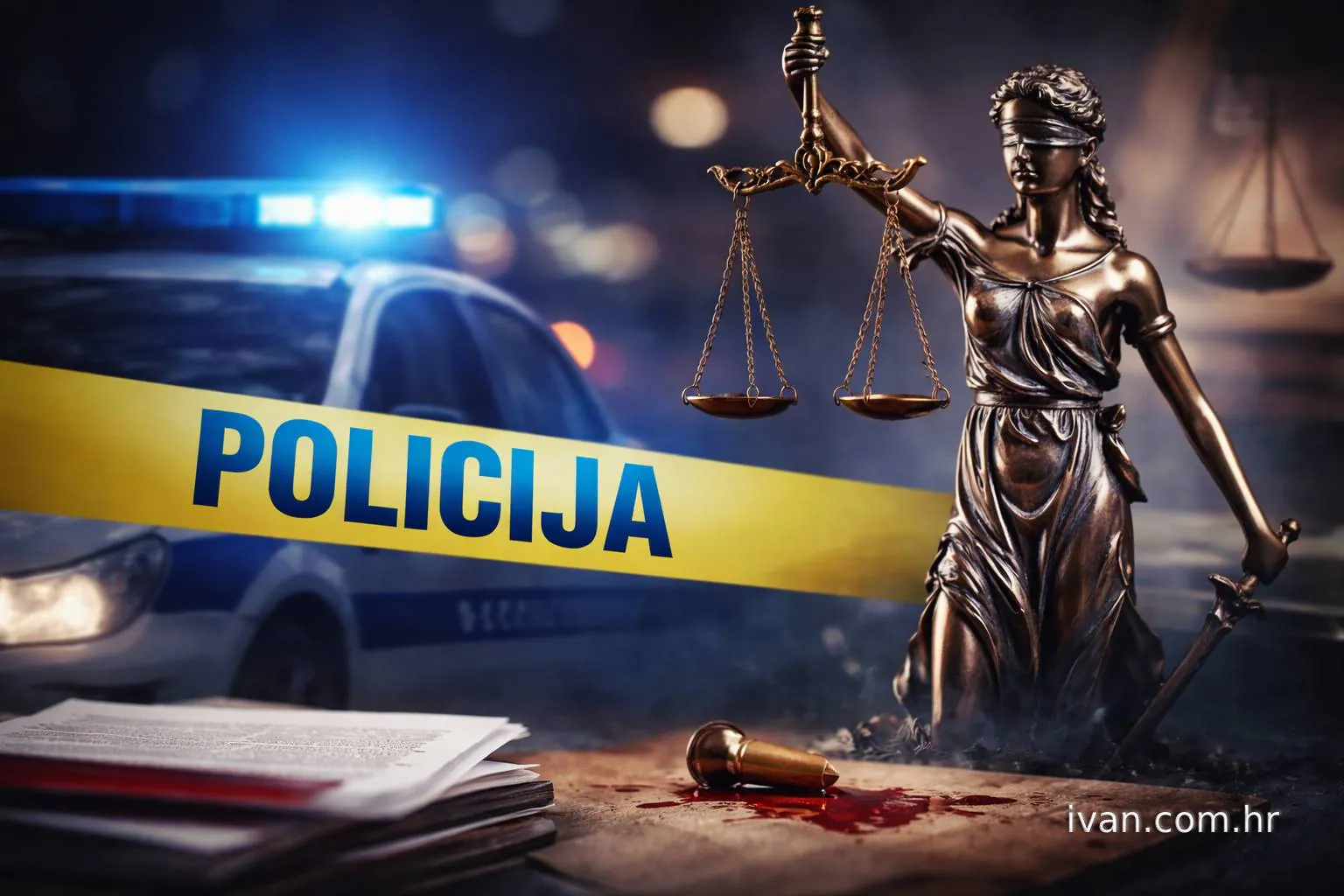 Ilustracija simbolički prikazuje policijsku traku, pravdu i kazneni postupak u kontekstu slučaj Berak te pitanja povjerenja u MUP i pravosuđe.