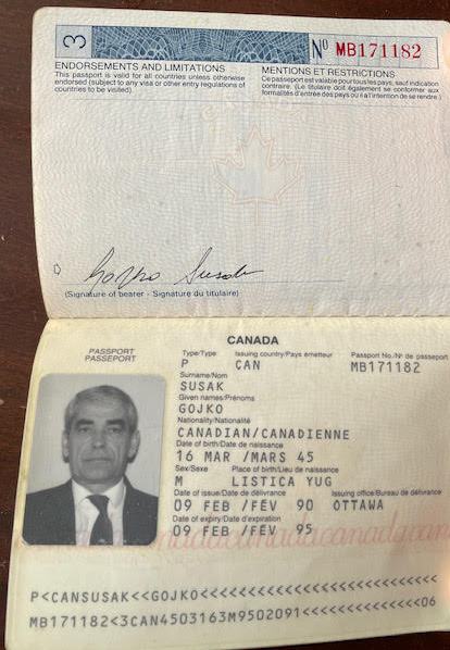 Kanadska putovnica Gojka Šuška iz 1990. godine