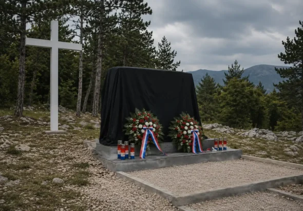 Spomenik u Vinjanima prekriven tamnim platnom uz bijeli križ, vijence i lampione kao simbol neriješenih pitanja odgovornosti prema poginulim hrvatskim braniteljima.