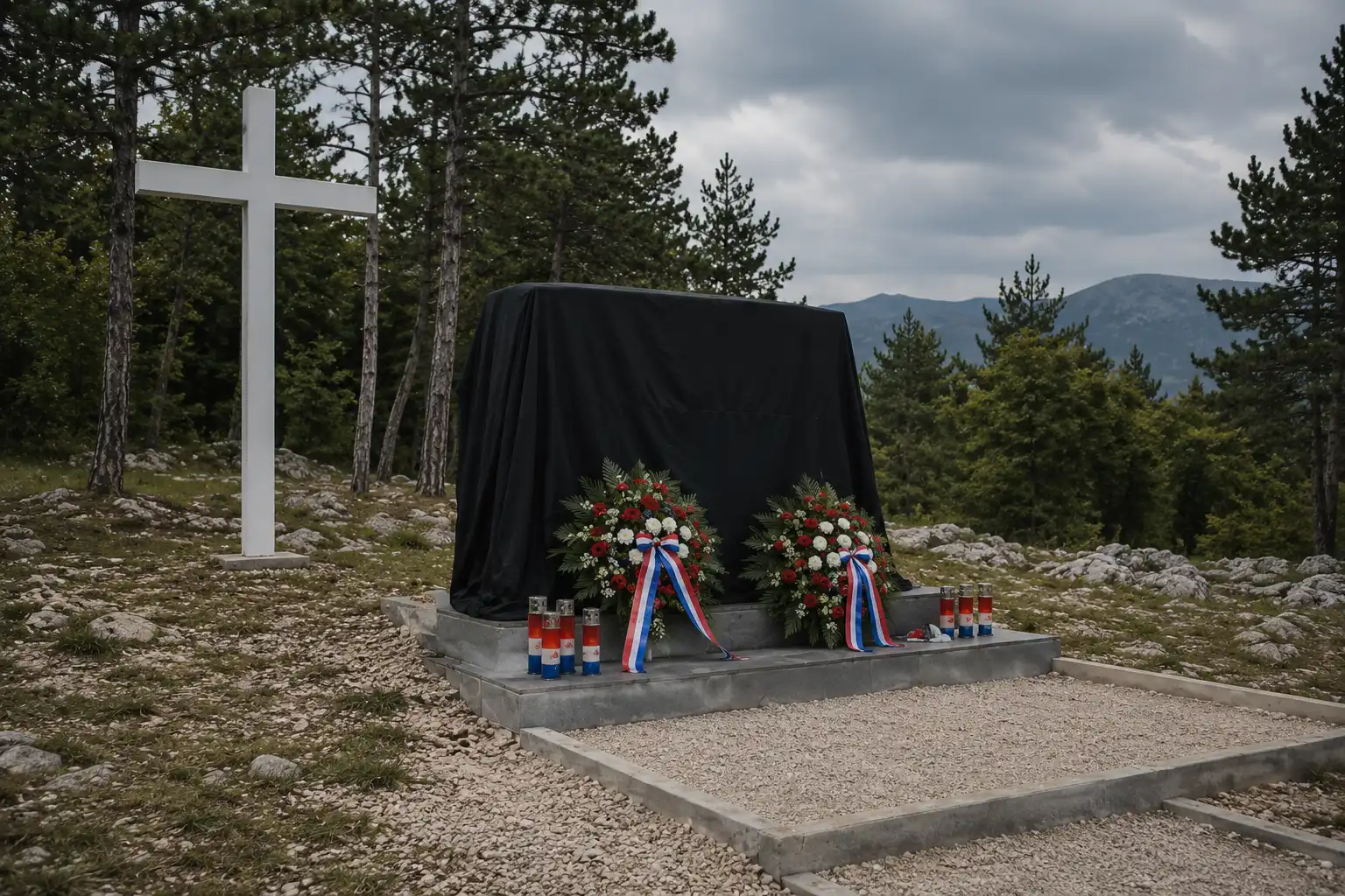 Spomenik u Vinjanima prekriven tamnim platnom uz bijeli križ, vijence i lampione kao simbol neriješenih pitanja odgovornosti prema poginulim hrvatskim braniteljima.