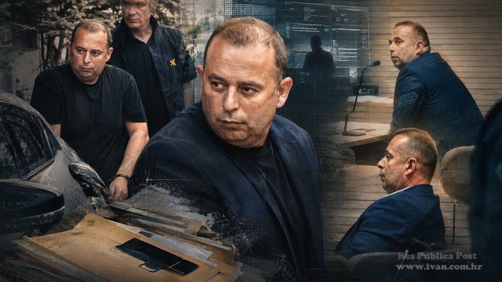 Bojan Jevtić u istražnom i sudskom kontekstu, kolaž prizora uhićenja, sudnice i sigurnosne istrage povezan s optužbama za špijunažu u korist Srbije.