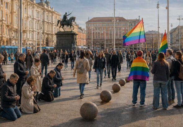 Zagreb svih građana prikazan kroz simboličan javni trg s različitim skupinama građana i pitanjem jednakih prava u javnom prostoru