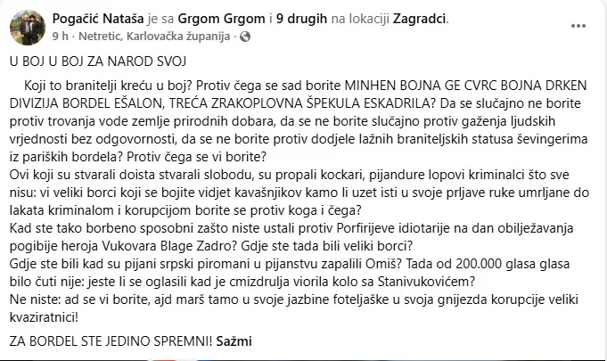 Javna Facebook objava Nataše Pogačić o hrvatskim braniteljima