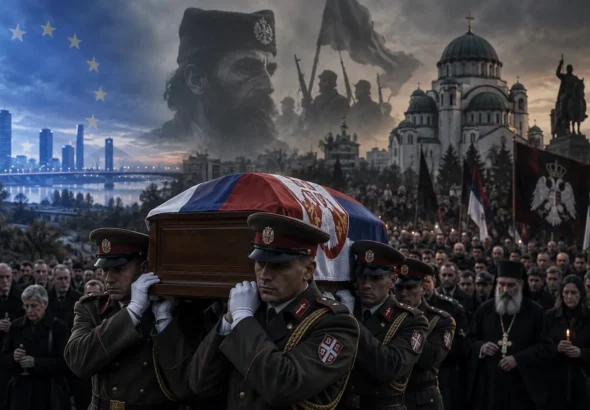 Od Draže do Mladića – ilustracija članka o Ratku Mladiću, četništvu, Srbiji, SPC-u i vojnim počastima na njegovu pokopu.