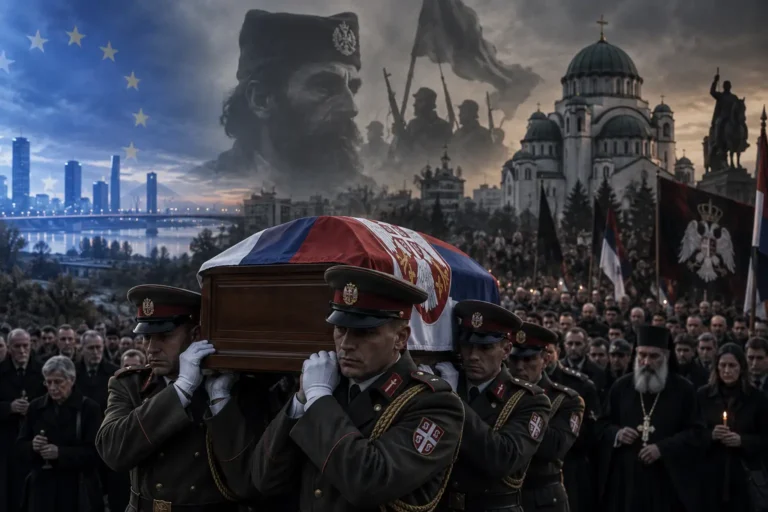 Od Draže do Mladića – ilustracija članka o Ratku Mladiću, četništvu, Srbiji, SPC-u i vojnim počastima na njegovu pokopu.
