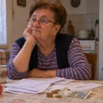 Ilustracija starije žene za kuhinjskim stolom s računima, simbol siromaštva umirovljenika i osobnog preispitivanja.
