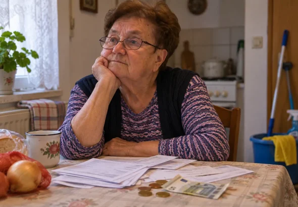 Ilustracija starije žene za kuhinjskim stolom s računima, simbol siromaštva umirovljenika i osobnog preispitivanja.