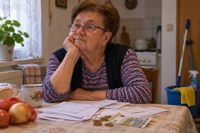 Ilustracija starije žene za kuhinjskim stolom s računima, simbol siromaštva umirovljenika i osobnog preispitivanja.