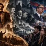 Povijest Srbije od Karađorđa do Vučića – ilustracija srbijanskih vladara, političkih sukoba i studentskih prosvjeda 2026. godine.