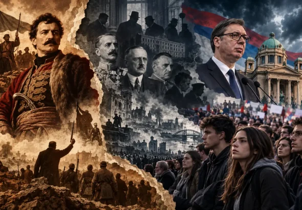 Povijest Srbije od Karađorđa do Vučića – ilustracija srbijanskih vladara, političkih sukoba i studentskih prosvjeda 2026. godine.