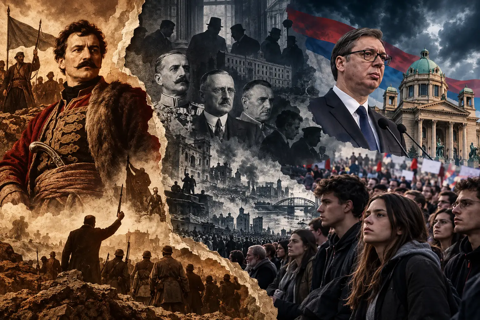Povijest Srbije od Karađorđa do Vučića – ilustracija srbijanskih vladara, političkih sukoba i studentskih prosvjeda 2026. godine.