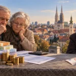 Zagreb i porez na mirovine – umirovljenici uz novac i financijske dokumente ispred panorame Zagreba, simbol različite koristi od ukidanja poreza.
