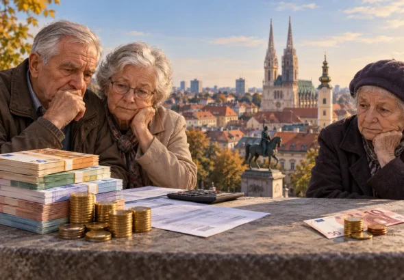 Zagreb i porez na mirovine – umirovljenici uz novac i financijske dokumente ispred panorame Zagreba, simbol različite koristi od ukidanja poreza.
