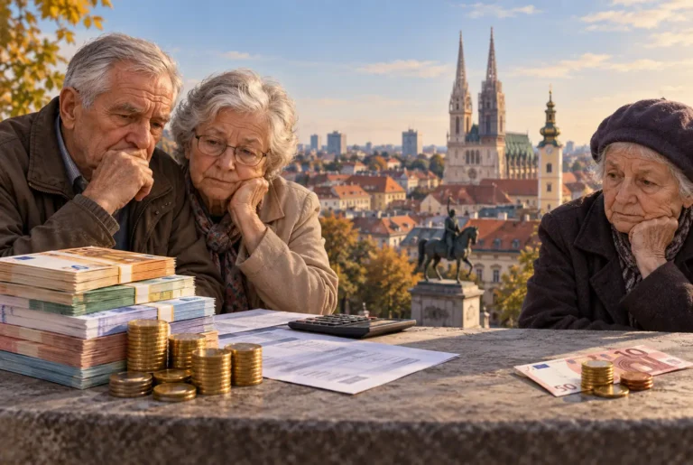 Zagreb i porez na mirovine – umirovljenici uz novac i financijske dokumente ispred panorame Zagreba, simbol različite koristi od ukidanja poreza.