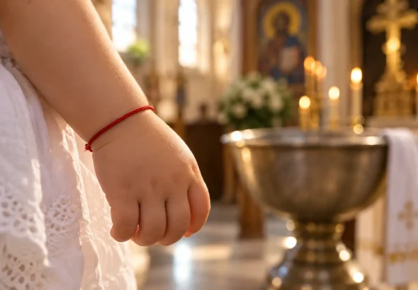 Dječja ruka s crvenom narukvicom od konca u crkvenom okruženju